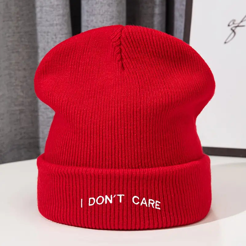 I Don't Care" Letter Print Beanie Cap with White Text