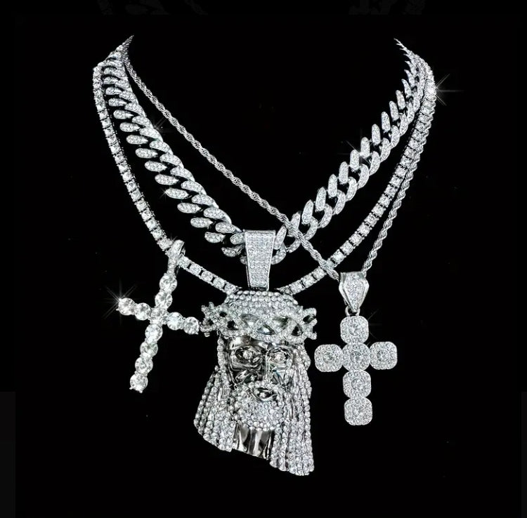 Hip Hop Cross & Jesus Pendant Necklaces, Cuban Chain, Tennis Chain, Stainless Steel Twist Chain, Iced Out Fashion Jewelry, Uncoated Zinc Alloy with Rhinestone Embellishments, Men's Jewelry Gift Set
