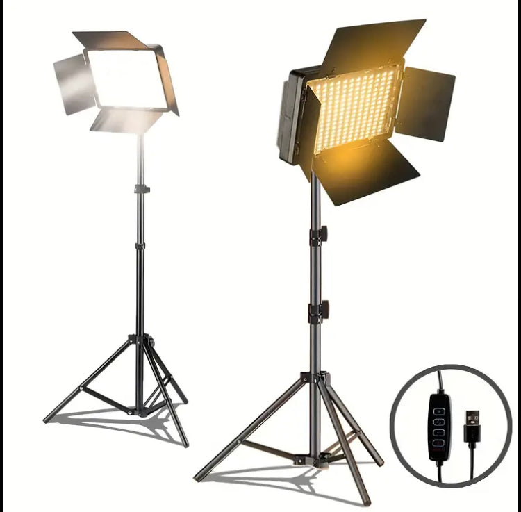 One LED Video Lighting Kit, USB Powered, 43-inch Tripod, 9-inch Square Fill Light, 3 Adjustable Colors, 4 Leaf Diffusers, Suitable for Indoor Use, No Battery Required