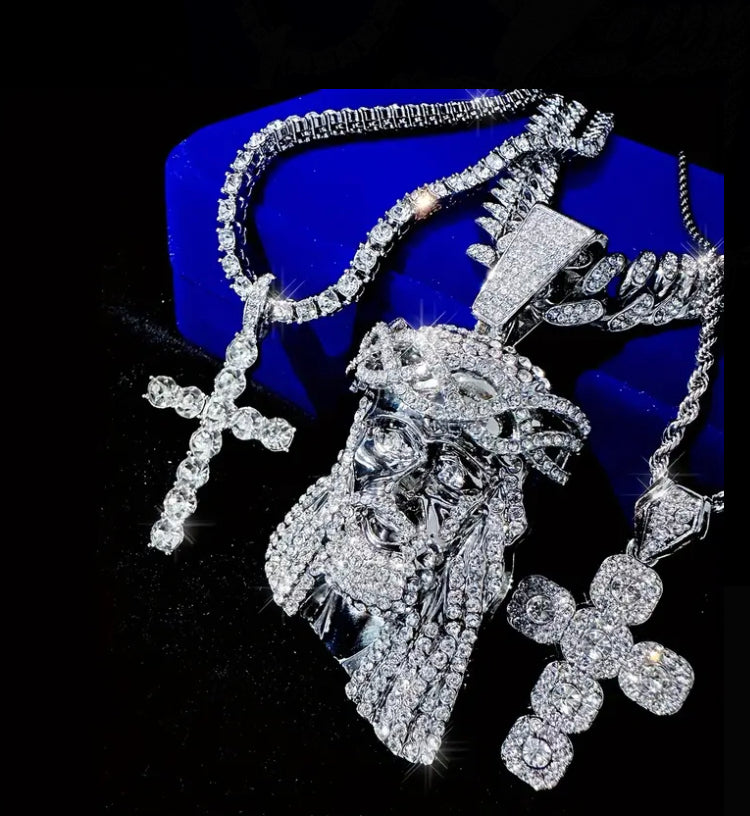 Hip Hop Cross & Jesus Pendant Necklaces, Cuban Chain, Tennis Chain, Stainless Steel Twist Chain, Iced Out Fashion Jewelry, Uncoated Zinc Alloy with Rhinestone Embellishments, Men's Jewelry Gift Set
