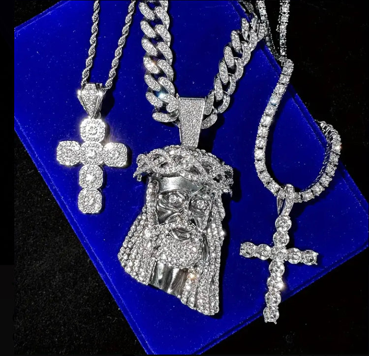 Hip Hop Cross & Jesus Pendant Necklaces, Cuban Chain, Tennis Chain, Stainless Steel Twist Chain, Iced Out Fashion Jewelry, Uncoated Zinc Alloy with Rhinestone Embellishments, Men's Jewelry Gift Set