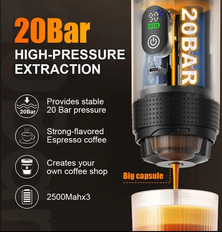3-in-1 Coffee Maker and Espresso Machine, 80ml Large Capacity, One-Touch Operation, Compatible with Big/ Capsules & Ground Coffee, Portable Design for Travel, Home & Office Use