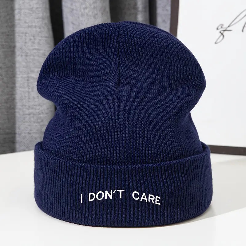 I Don't Care" Letter Print Beanie Cap with White Text