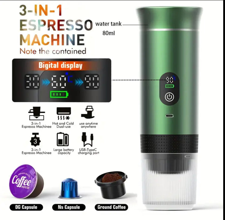 3-in-1 Coffee Maker and Espresso Machine, 80ml Large Capacity, One-Touch Operation, Compatible with Big/ Capsules & Ground Coffee, Portable Design for Travel, Home & Office Use