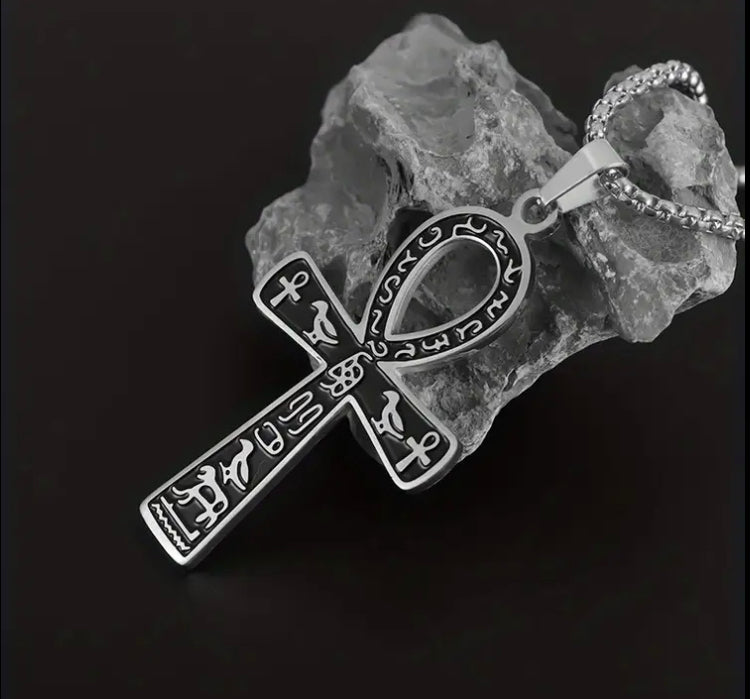 1pc New Fashion Men's Ancient Egyptian Cross Pendant Men's Stainless Steel Necklace Animal Totem Engraved Amulet Jewelry Gift