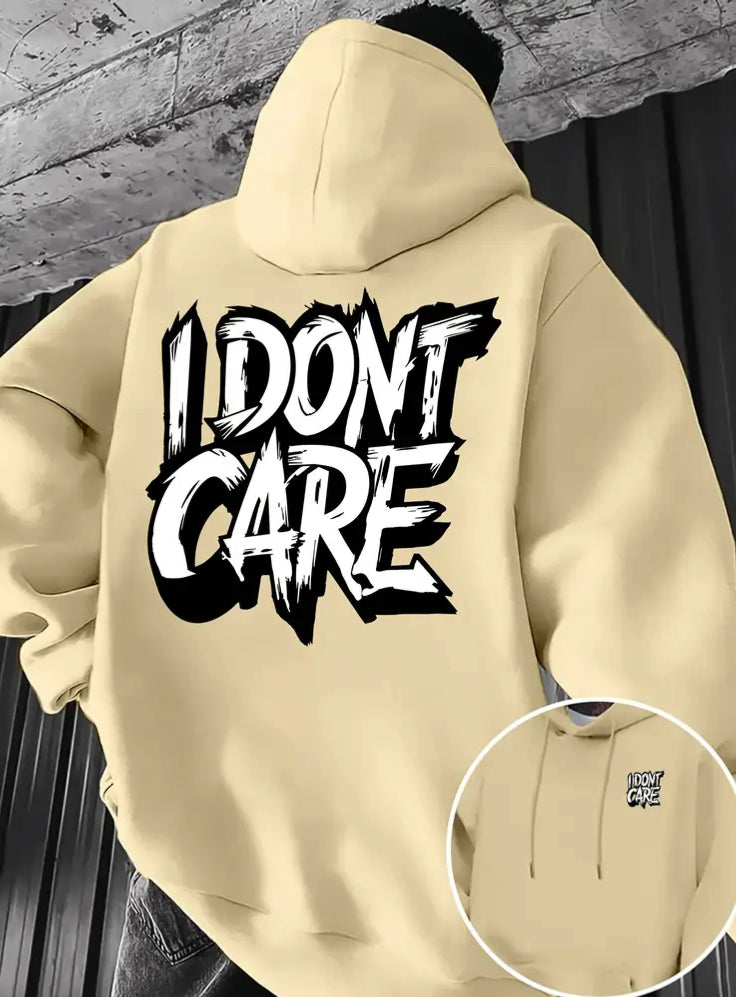 Unisex Heavyweight Hoodie - Brown with Bold "I DON'T CARE" Graphic, Thick Warm Pullover Sweatshirt, Kangaroo Pocket & Drawstring Hood, Machine Washable Winter Clothing