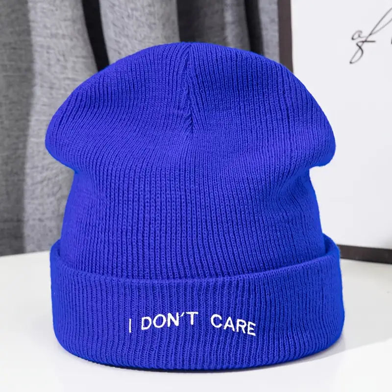 I Don't Care" Letter Print Beanie Cap with White Text