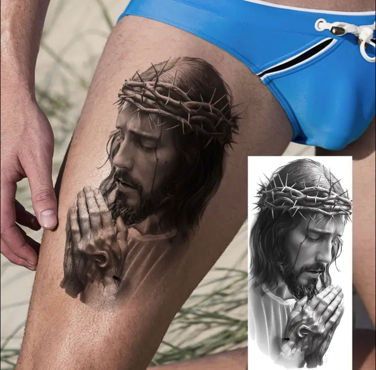 1 Sheet Realistic Jesus Christ Temporary Tattoos - Waterproof, Lasting Religious Body Art with Crown of Thorns