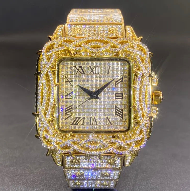 Men'S Iced Out Watch - Luxury Rhinestone-Encrusted Dial, Quartz Movement, Square Case & Zinc Alloy Band, Hip-Hop Style Watch For Men/elegant