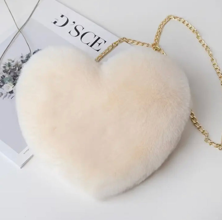 Women's Elegant Heart-Shaped Plush Crossbody Bag with Detachable Chain Strap