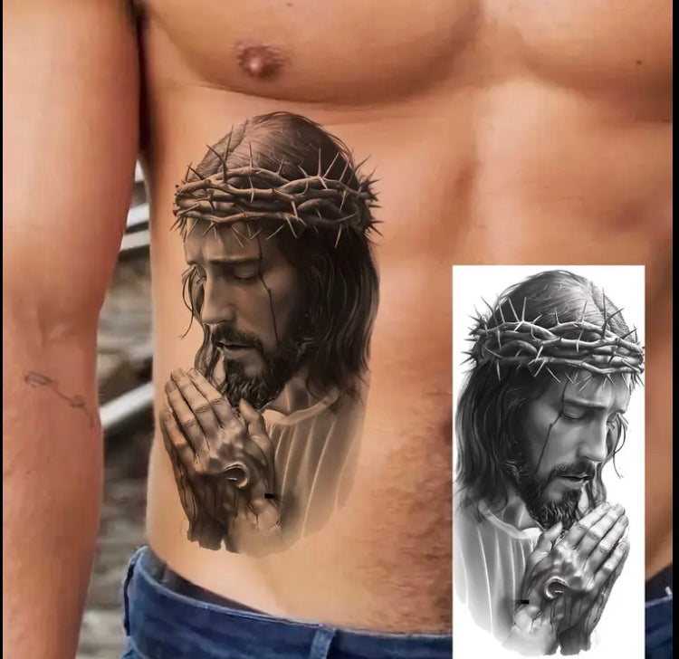 1 Sheet Realistic Jesus Christ Temporary Tattoos - Waterproof, Lasting Religious Body Art with Crown of Thorns