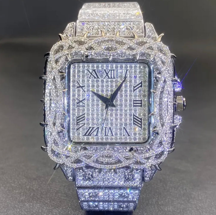 Men'S Iced Out Watch - Luxury Rhinestone-Encrusted Dial, Quartz Movement, Square Case & Zinc Alloy Band, Hip-Hop Style Watch For Men/elegant