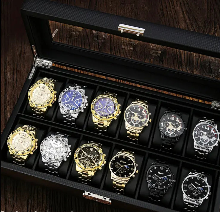 12pcs Men's Elegant Business Steel Strap Watch Exquisite Combo Set
