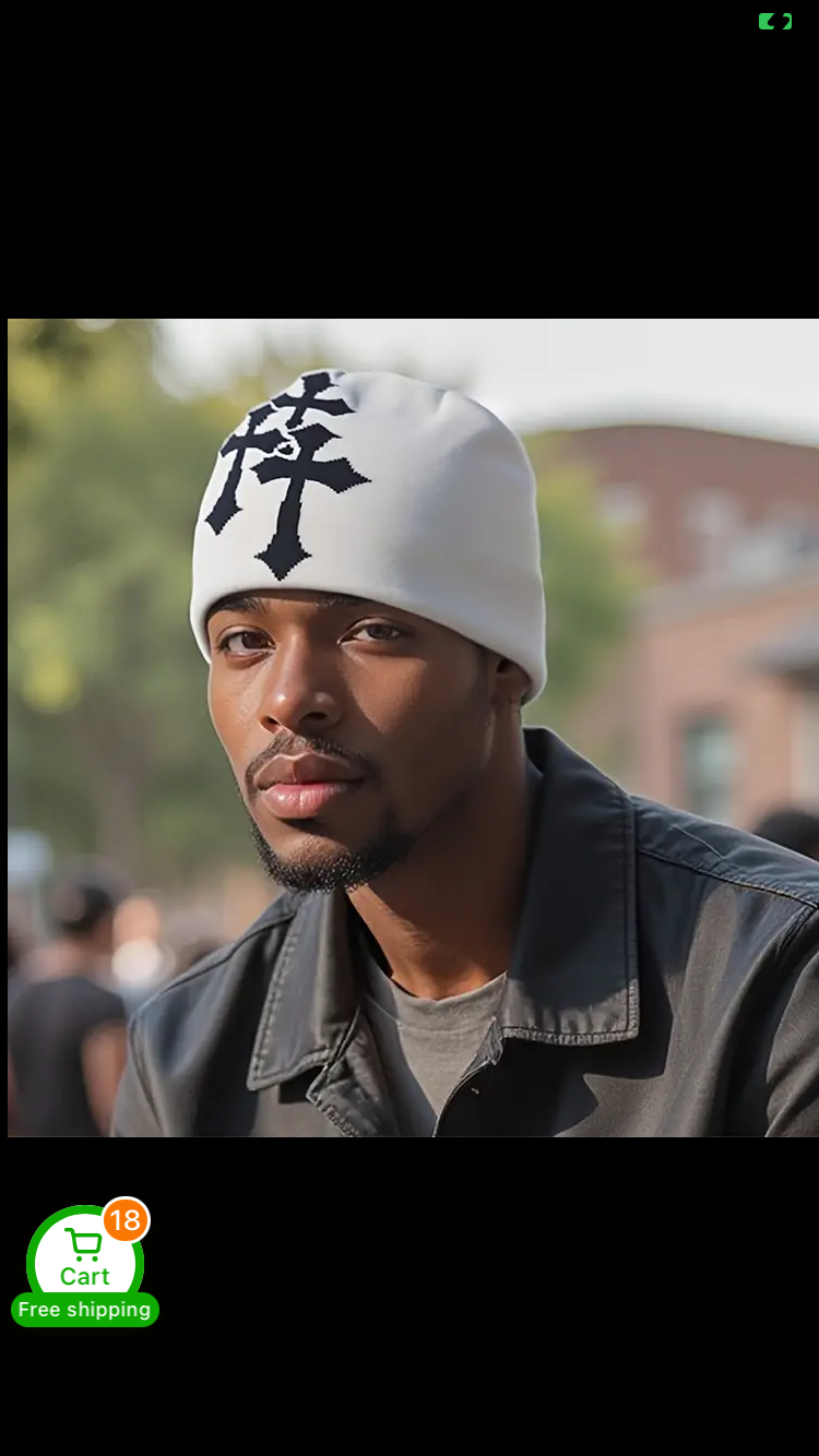 1pc Unisex All-Season Gothic Cross Knit Cap - Black & White Beanie Hat with White Cross Design