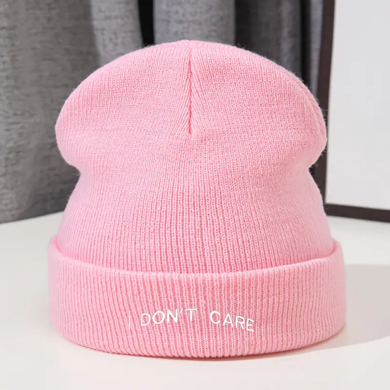 I Don't Care" Letter Print Beanie Cap with White Text