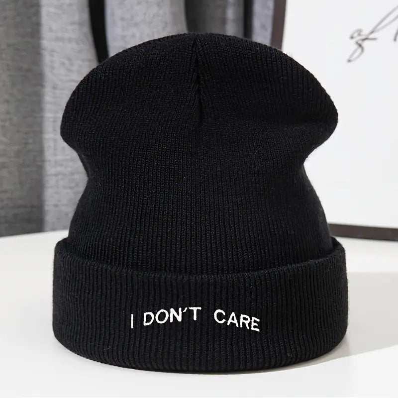 I Don't Care" Letter Print Beanie Cap with White Text