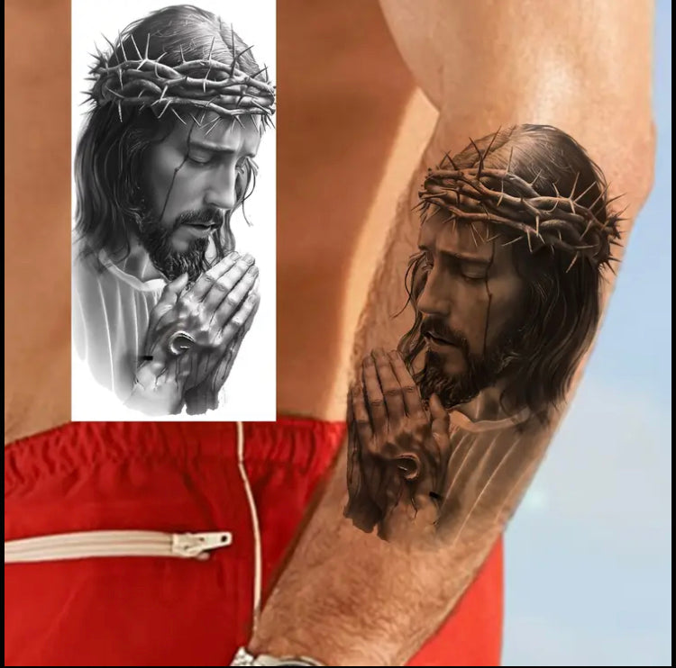 1 Sheet Realistic Jesus Christ Temporary Tattoos - Waterproof, Lasting Religious Body Art with Crown of Thorns