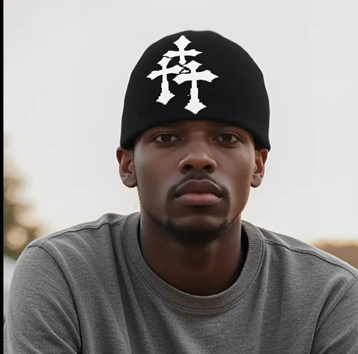 1pc Unisex All-Season Gothic Cross Knit Cap - Black & White Beanie Hat with White Cross Design