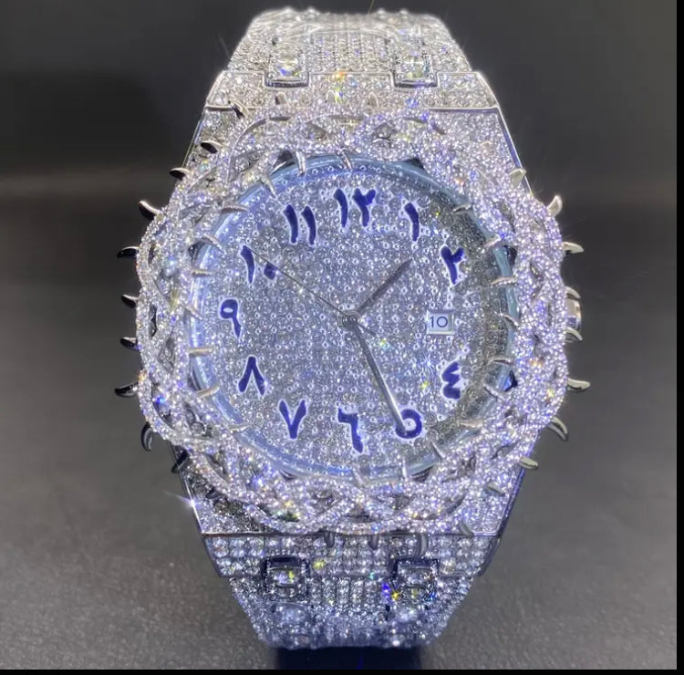 Unique Personality Dial Thorn Design with Inlay Full Rhinestone Strap Ice Cool Hip Hop Large Watch for Men Party Jewelry