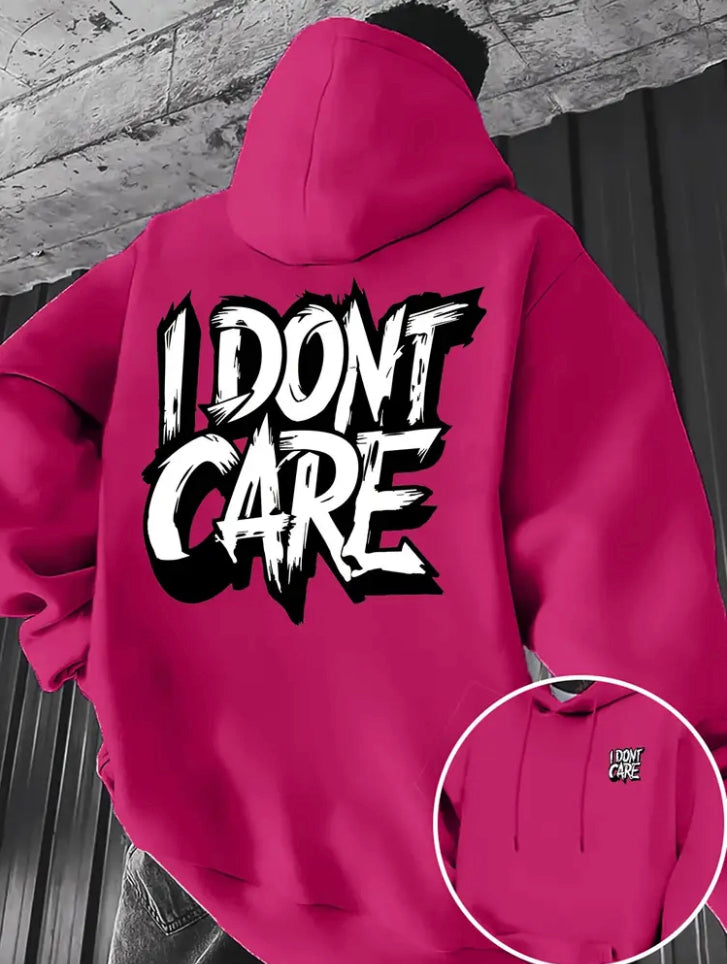 Unisex Heavyweight Hoodie - Brown with Bold "I DON'T CARE" Graphic, Thick Warm Pullover Sweatshirt, Kangaroo Pocket & Drawstring Hood, Machine Washable Winter Clothing