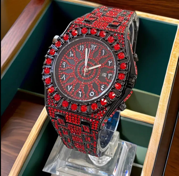 Men's Luxury Swiss-like Style Quartz Analog Watch with Calendar - Black & Red Arabic Numerals, Multi-Gauge Dial, Clear Bezel,, Black Strap & Clear Case - Elegant Men's Watch