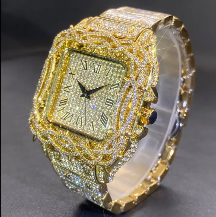Men'S Iced Out Watch - Luxury Rhinestone-Encrusted Dial, Quartz Movement, Square Case & Zinc Alloy Band, Hip-Hop Style Watch For Men/elegant