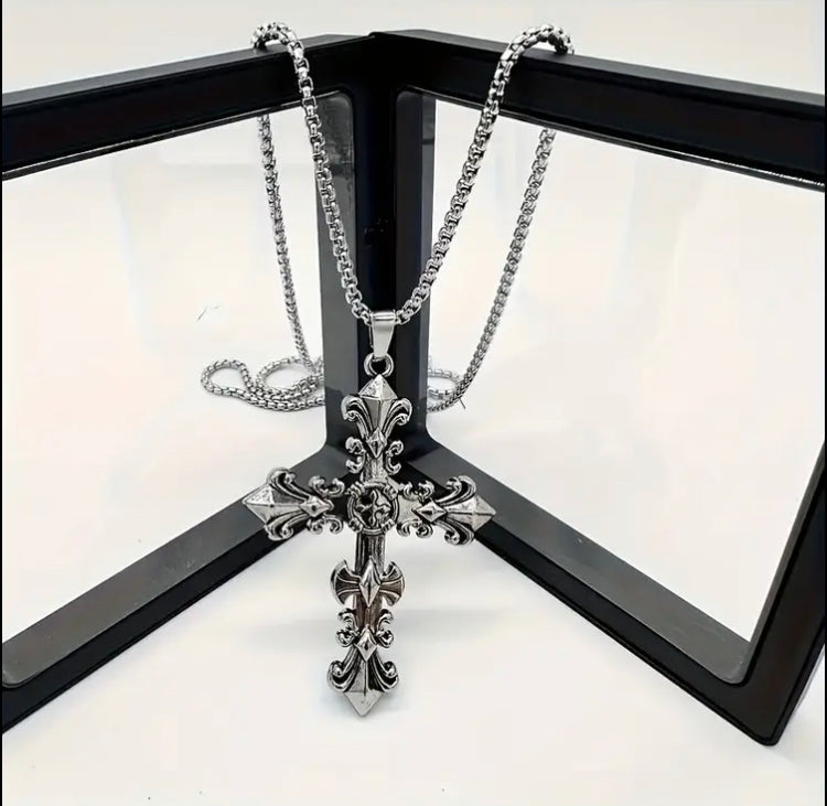 Elegant Stainless Steel Cross Pendant Necklace with Sparkling Zinc Alloy Crystal - Antique Silvery Plated, Hip Hop Style for Men and Women, Bohemian Design, Perfect for Casual Attire or Special Occasion
