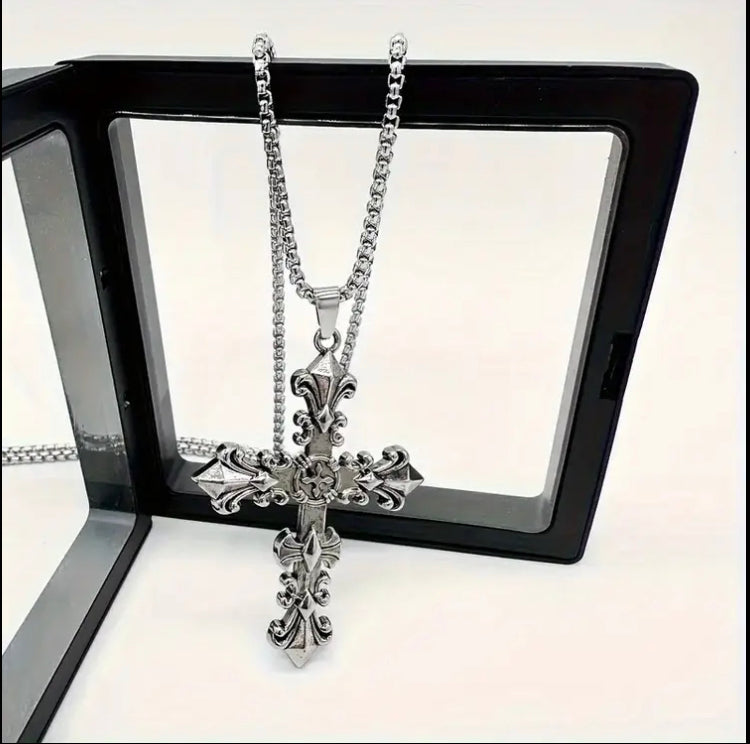 Elegant Stainless Steel Cross Pendant Necklace with Sparkling Zinc Alloy Crystal - Antique Silvery Plated, Hip Hop Style for Men and Women, Bohemian Design, Perfect for Casual Attire or Special Occasion