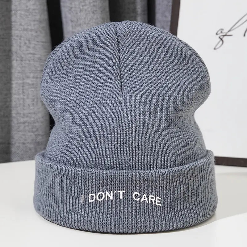 I Don't Care" Letter Print Beanie Cap with White Text