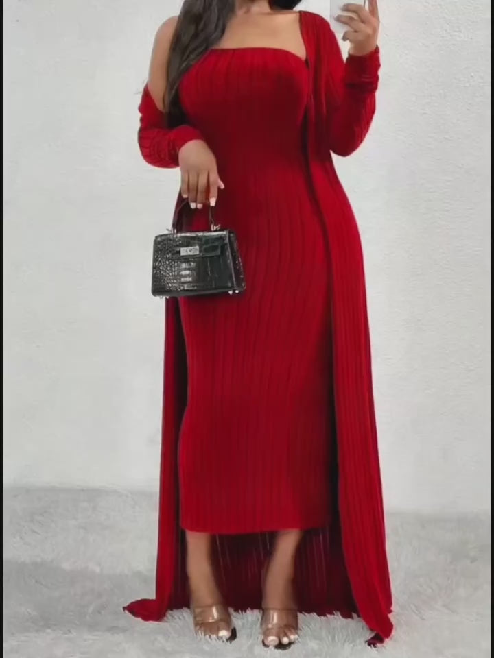 Autumn Women's Clothing; 2pcs Red Ribbed Set for Fall/Winter: Fitted Cami Dress & Oversized Cardigan; Long Two-Piece Outfit