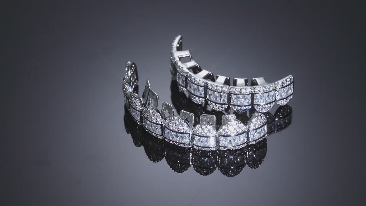 1pc Hip Hop Teeth Grillz for Men & Women - Iced Out Baguette & Round Cubic Synthetic Zirconia 8-Tooth