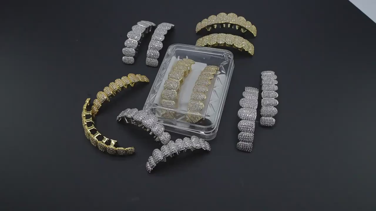 2pcs Hip Hop Teeth Grillz with Synthetic Synthetic Synthetic Zircon Stones - Upper & Lower Teeth Jewelry