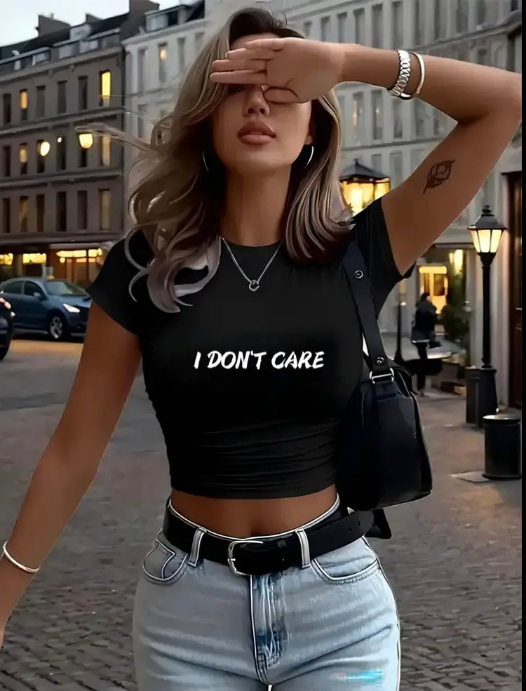 Women'S Y2K "I DON'T CARE" Graphic Crop T-Shirt - Bold Statement Top, Soft Stretchy Fabric