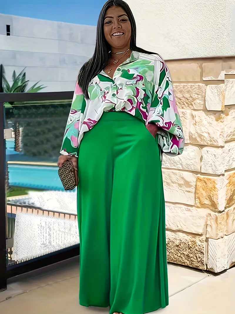 Women Plus Size Printed Shirt Set
