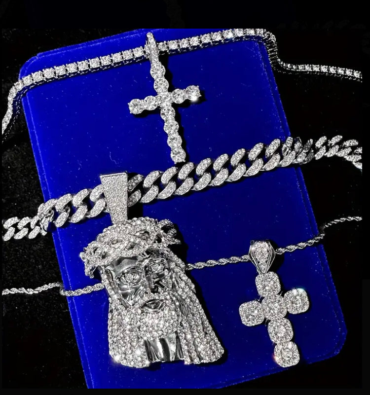 Hip Hop Cross & Jesus Pendant Necklaces, Cuban Chain, Tennis Chain, Stainless Steel Twist Chain, Iced Out Fashion Jewelry, Uncoated Zinc Alloy with Rhinestone Embellishments, Men's Jewelry Gift Set