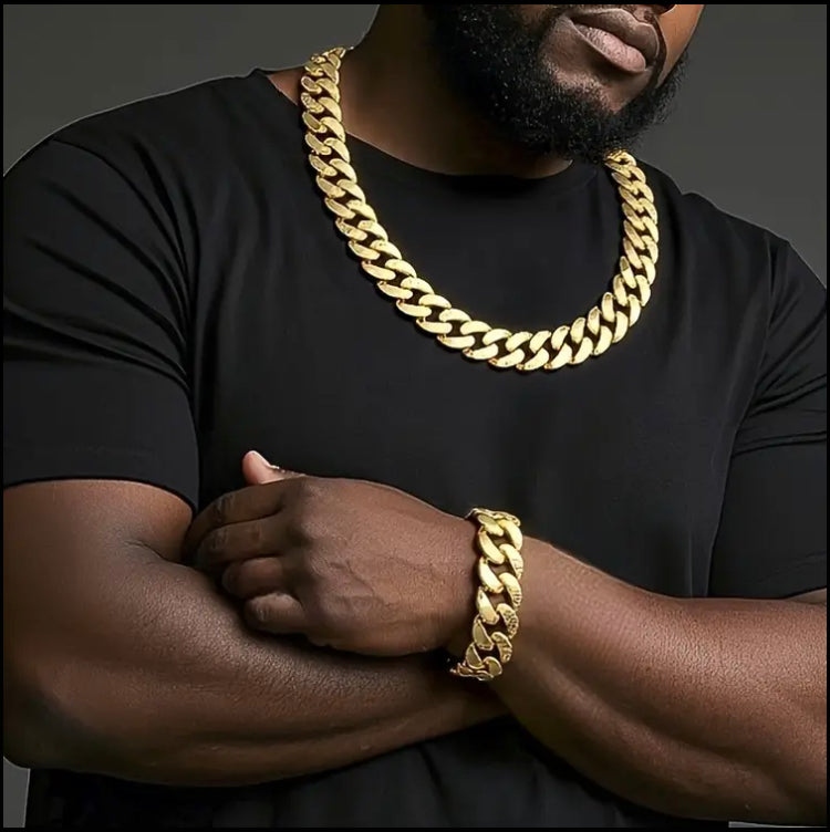 Classic Hip-Hop 2pcs Cuban Link Design Bracelet and Necklace Set, Perfect for Casual Attire Party Outfits, Elegant Jewelry Gift for Men and Women