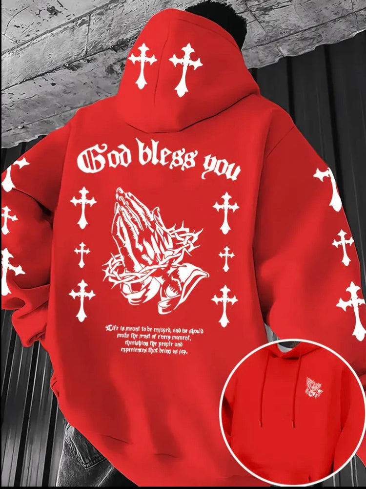 Men's Christian Faith Hoodie with Prayer Print & Religious Symbols