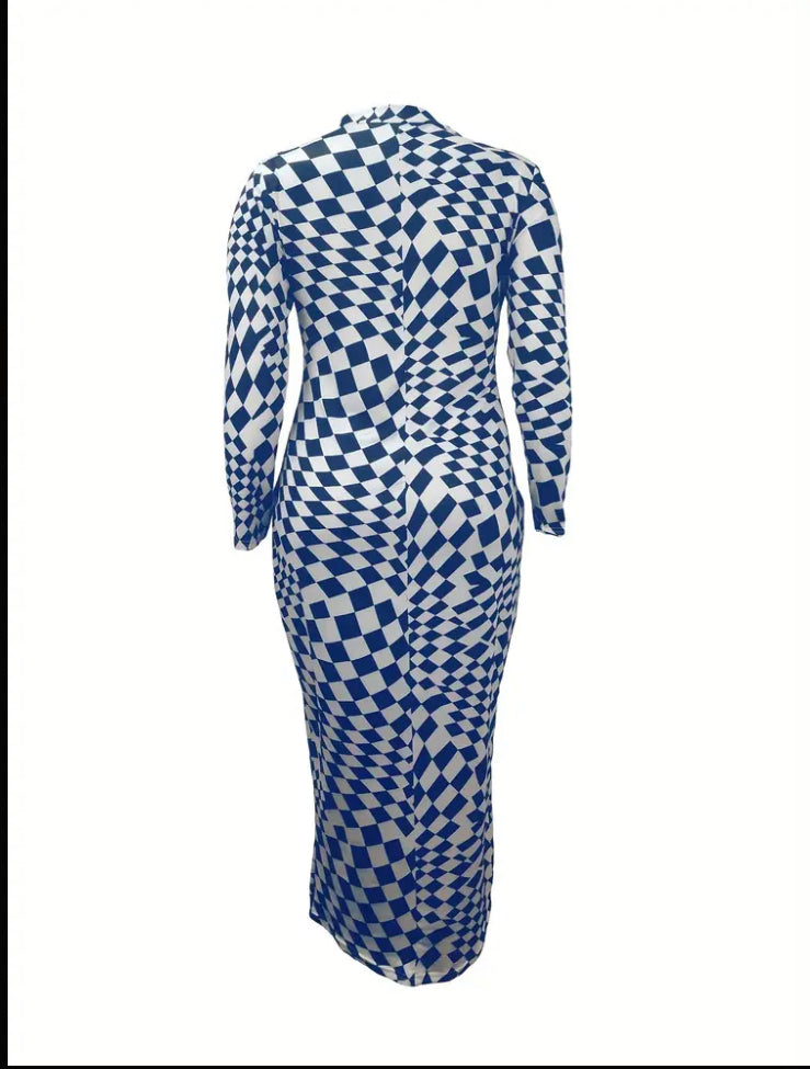 Plus Size, Women's Plus Size Formal & Casual Elegant Black & white dress - Long Formal event gown, Stretchy Bodycon maxi dress for Parties, Office, Everyday Outfits - Machine Washable, Long Sleeve Formal Dress, Office Wear, Highneck Design, Bodycon Fabric
