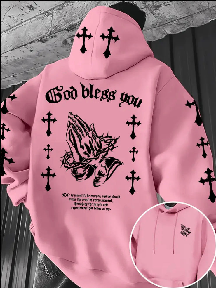 Men's Christian Faith Hoodie with Prayer Print & Religious Symbols