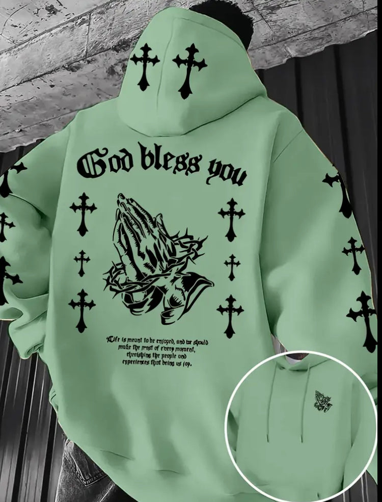 Men's Christian Faith Hoodie with Prayer Print & Religious Symbols