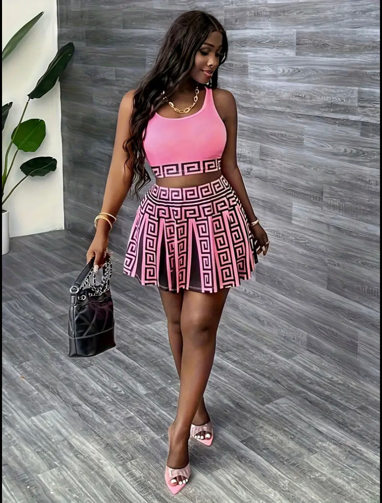 Summer Elegant Party Vacation Women's Fashion Round Neck Sleeveless Geometric Tank Top and Skirt Set