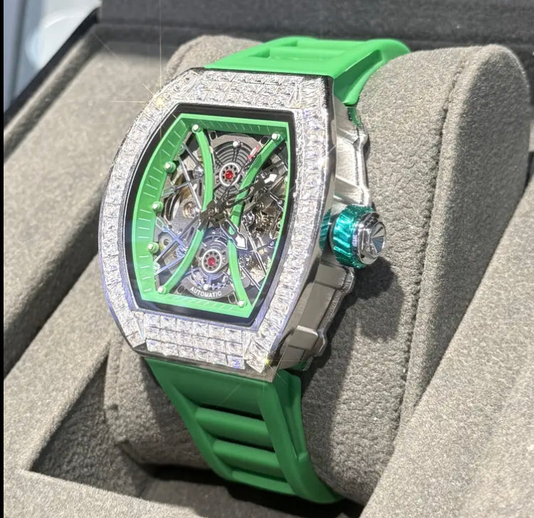 Men'S Luxury Sports Hollow Skeleton Mechanical Watch - Automatic Self-Winding, Zinc Alloy Case & Silicone Strap, Barrel Dial with Date Display