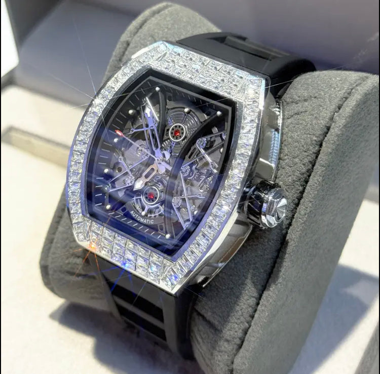 Men'S Luxury Sports Hollow Skeleton Mechanical Watch - Automatic Self-Winding, Zinc Alloy Case & Silicone Strap, Barrel Dial with Date Display