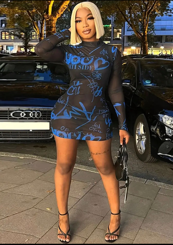 Women's Fashion Sexy Letter Print Mesh Sheer Bodycon Dress, Wear, Night Out Dress, Bodycon Fit, Tight Fitting, Breathable Mesh, Soft Material, Fitted Dress, Stylish Dress, Fashion Lovers, Women