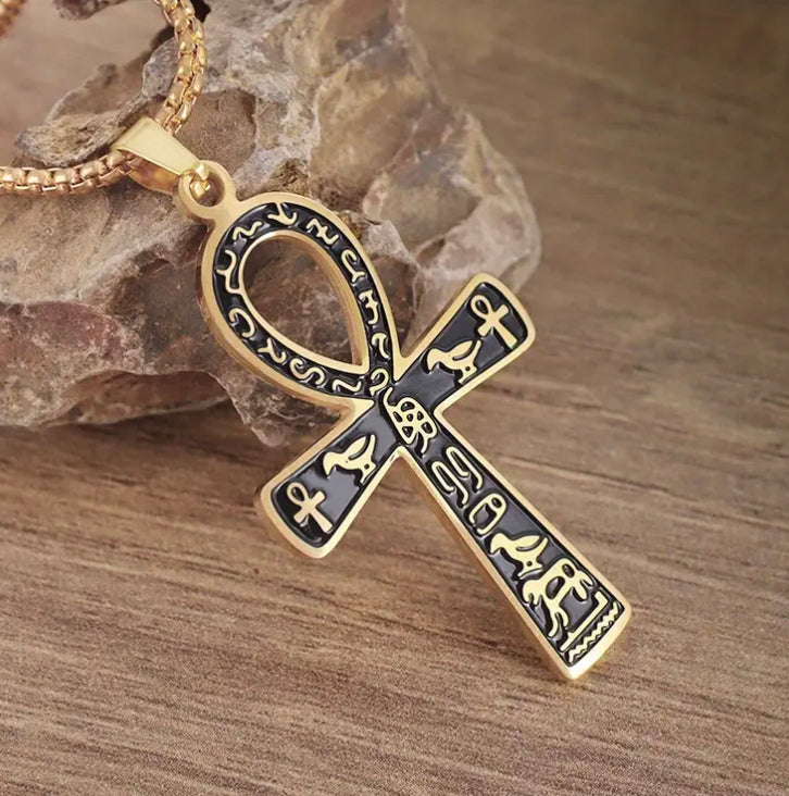 1pc New Fashion Men's Ancient Egyptian Cross Pendant Men's Stainless Steel Necklace Animal Totem Engraved Amulet Jewelry Gift