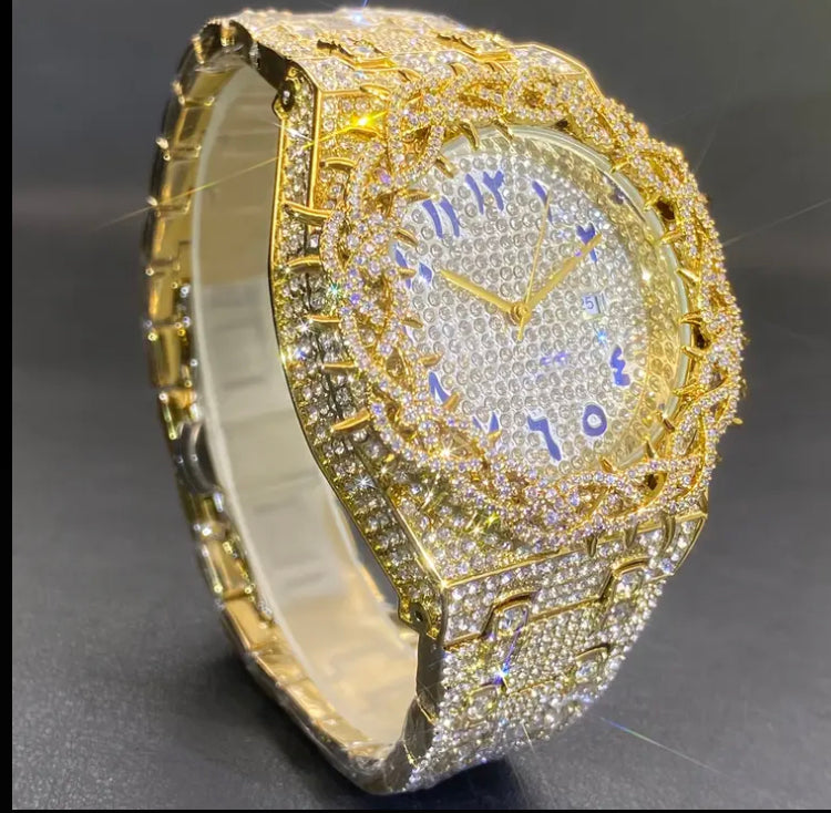 Unique Personality Dial Thorn Design with Inlay Full Rhinestone Strap Ice Cool Hip Hop Large Watch for Men Party Jewelry