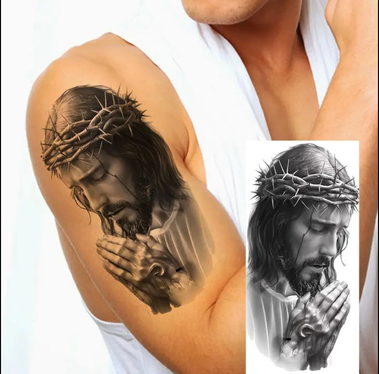 1 Sheet Realistic Jesus Christ Temporary Tattoos - Waterproof, Lasting Religious Body Art with Crown of Thorns