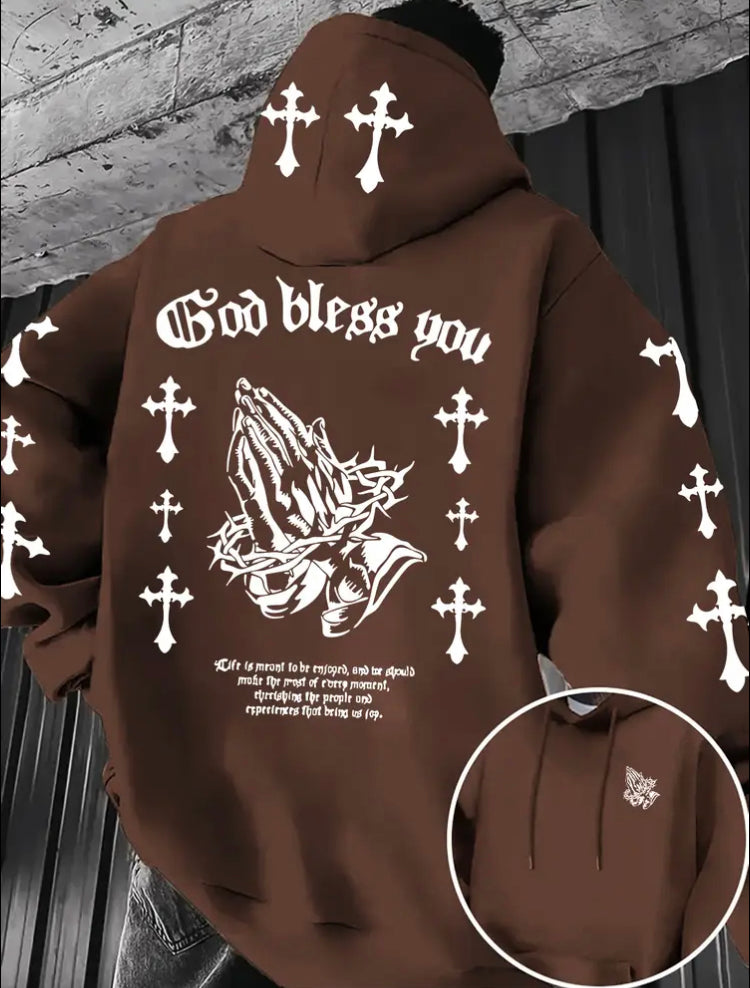 Men's Christian Faith Hoodie with Prayer Print & Religious Symbols