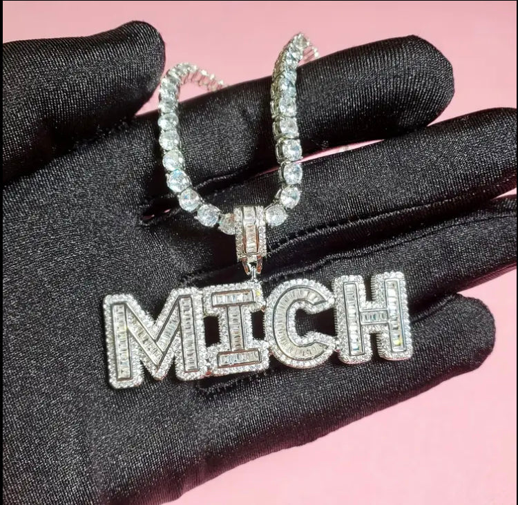 Customized Bling Letter Pendant Necklaces with Rhine Diamonds, White K-Plated Copper