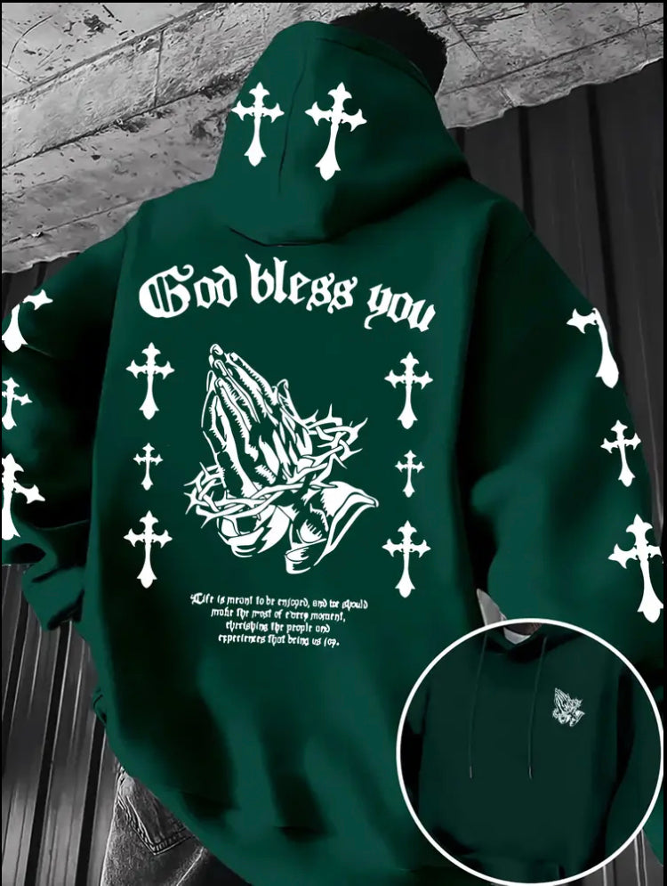 Men's Christian Faith Hoodie with Prayer Print & Religious Symbols